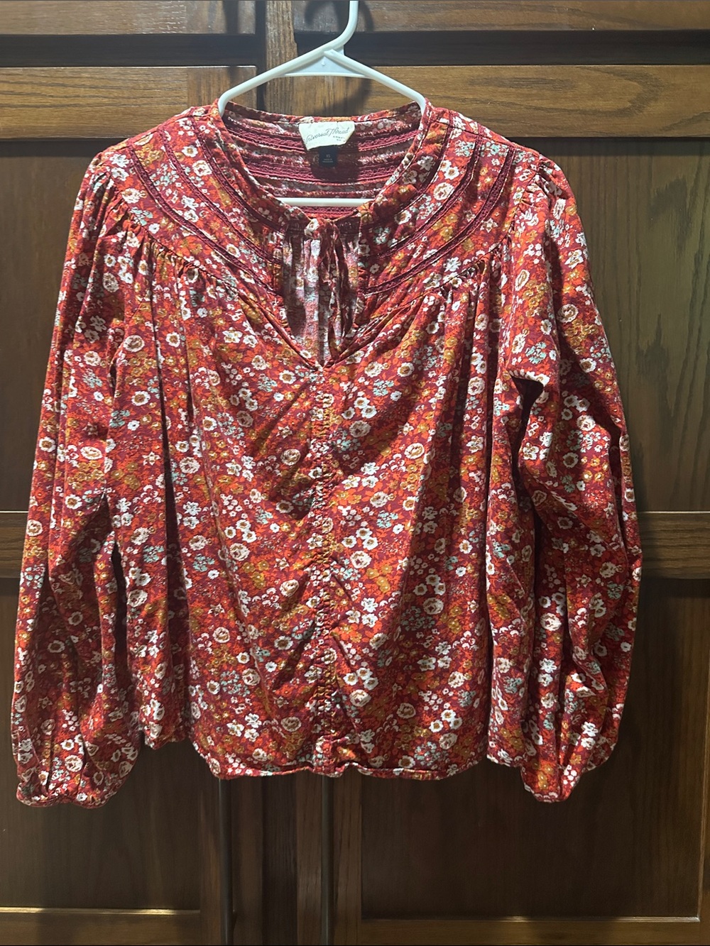Universal Thread Red Floral Tie-Neck Peasant Blouse